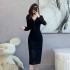 2024 autumn new fish scale warm lace high-end V-neck dress slim fit base mid length skirt 5928