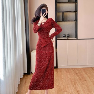 Internet celebrity V-neck shiny silk rhinestone high-end feeling, hip hugging and height enhancing long skirt dress 5317