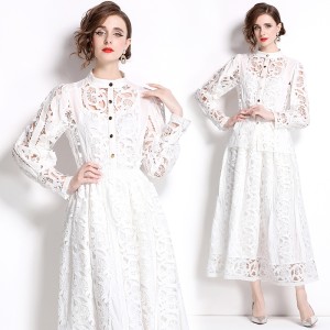 2024 in stock new French style slim fit high waist hollow skirt cardigan embroidered shirt two-piece set