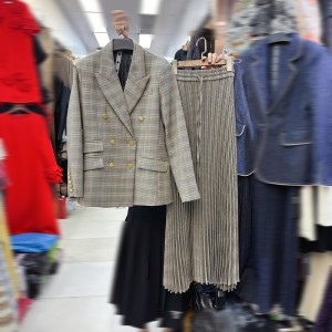 British plaid suit collar double breasted jacket long sleeved waist cinched suit+skirt set D1 # 8813