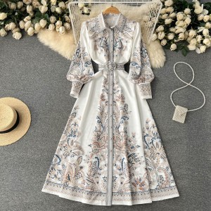 Spring and Autumn New Lantern Sleeves, Flip Collar, Single breasted Printed Dress, Women's Waist, Grand Swing, Palace Style Long Dress, Zichao