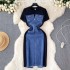 2023 Internet celebrity new niche round neck short sleeved patchwork denim dress for women with a high-end feel, waist cinching fake two-piece long dress