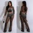 C6799 Cross border AliExpress Amazon Europe and America Fashion Women's Wear Solid Color Mesh Hot Diamond Long Sleeve Long Pants Two Piece Set