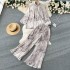 Spring and Autumn European and American style printed set, women's lantern sleeve half high collar loose shirt+wide leg pleated pants two-piece set