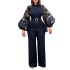 D250 Waist Belt Amazon stand up collar mesh lantern sleeves slim fit plus size women's African wide leg European and American jumpsuit