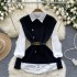 Overlay shirt vest women's autumn dress two-piece fashion versatile sleeveless Fried Dough Twists knitting vest with long sleeve shirt inside