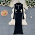 Autumn French Elegant Small Fragrant Knitted Dress, Long Skirt, Women's Fashion, Color Contrasting Collar, Long Sleeve, Slim and Trendy