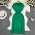 2023 Summer French Retro Style Polo Collar Loose Waist Strap A-line Knitted Dress Casual Long Dress