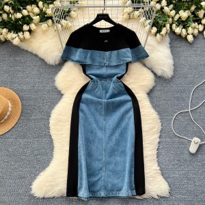 Korean version women's dress 2024 summer new design sense splicing ruffle edge fake two pieces denim waist cinching long skirt