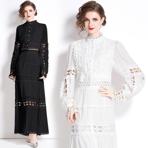 Real time spot new i French lace patchwork hollow long sleeved short top high waisted skirt long skirt set