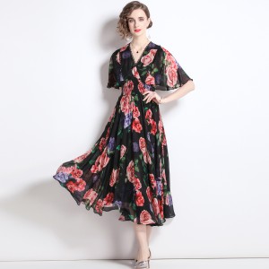 Summer V-neck printed chiffon dress for women with a cinched waist and slimming temperament, ruffled short sleeved cinched waist, first love fairy dress