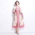 Real time spot new retro temperament gold wire splicing elegant V-neck waist slimming print large swing dress