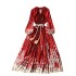 European and American retro palace style design with printed long, heavy-duty pleated bubble sleeve dress for spring and women's pleated skirt