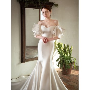 Satin Light Wedding Dress 2024 New Bridal One Shoulder Retro Fish Tail Simple and Elegant Wedding Dress