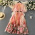 Light luxury retro temperament round neck short sleeved printed pleated dress for women with lace up and waist cinching temperament, grand and elegant long skirt