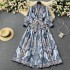 High end retro palace style heavy industry printed dress for women in spring and autumn, new French style waist cinching long skirt