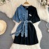 Retro Hong Kong style temperament, waist cinched with waist belt, round neck color blocked denim shirt, spring new chic casual mid length top