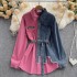 Cowboy patchwork lapel dress 2022 autumn and winter new Korean version waist cinching slimming irregular mid length shirt