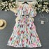 Light luxury retro temperament round neck short sleeved printed pleated dress for women with lace up and waist cinching temperament, grand and elegant long skirt