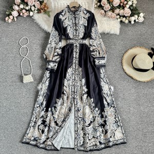 Spring and Autumn New Holiday Style Stand up Collar Lantern Sleeve Printed Dress for Women, with a Wide Waist and A-Shape Knee length Skirt