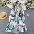 French retro light mature style bow tie lantern long sleeved print cinched waist slimming temperament chiffon dress trendy