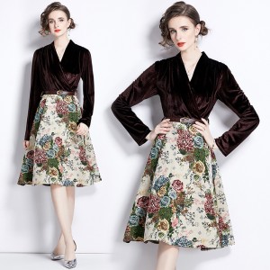 Real time spot new French autumn and winter French high-end gold velvet spliced jacquard long skirt with lining