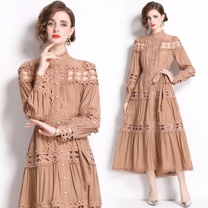 Real time spot spring clothing new palace style standing collar hollowed out single breasted long dress