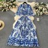 European plus size women's clothing with high-end printing, heavy nail bead pleating, long dress, pleated skirt, elegant dress for women