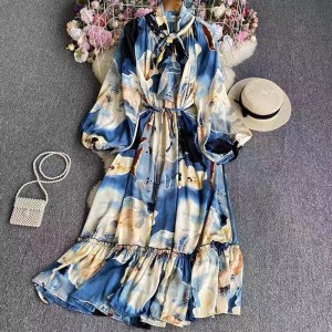 French retro light mature style bow tie lantern long sleeved print cinched waist slimming temperament chiffon dress trendy