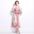 Real time spot new retro temperament gold wire splicing elegant V-neck waist slimming print large swing dress