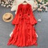 Spring and Autumn New Style High end and socialite temperament Lotus leaf hem large swing slim fit chiffon dress Women's ethnic style long skirt