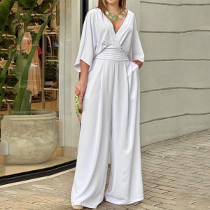 2024 autumn European and American jumpsuit women's fashion casual simple style temperament V-neck loose waist jumpsuit