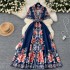 High end women's 2024 summer new style French retro lapel short sleeved waist cinched single breasted printed elegant dress