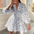 2024 Independent Station European and American Autumn Women's New Style Sweet Printed V-neck Lace Waist Short Dress