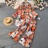 European and American fashion personalized printed suit women's lazy irregular lantern sleeve shirt+pleated wide leg pants two-piece set