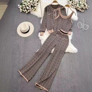 Fashion suit women's round neck jacquard knitted cardigan jacket vest three piece set high waist slimming straight leg wide leg pants