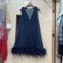 Thai niche new ostrich fur decorative denim vest playful sleeveless top A1 # 8680