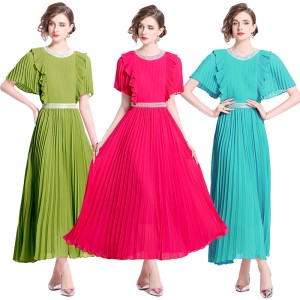 French elegance 2024 summer new high-end design sense pleated long skirt with waist cinching and large swing chiffon dress for women