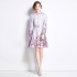 Real time spot new 2024 spring style retro temperament elegant stand up collar waist slimming print large swing dress