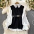 Light luxury socialite set women's loose long sleeved white shirt top+split knit vest vest vest two-piece set 0.4kg