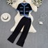 Fashion suit women's Korean style round neck single breasted denim contrasting color slim fit short top two-piece set wide leg pants