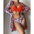 2023 European and American new three piece swimsuit multi-color printed cover up, sun protection suit triangle gathering foreign trade swimsuit for women