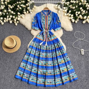 Palace retro elegant dress, socialite's high-end feeling, European and American bubble sleeves, waist cinching slimming printed holiday long dress