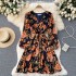 French romantic slimming V-neck cinched waist strap ruffle edge dress for women, sweet pleated skirt with large floral display