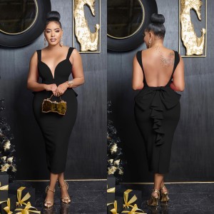 C6845 Cross border AliExpress Amazon Europe and America Fashion Women's Wear Solid Color V-neck Sexy backless Long Dress Female