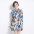 Real time spot new women's clothing French retro printed lace up loose slimming dress