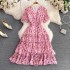 2023 summer new retro V-neck romantic floral A-line dress with elegant temperament, waist cinching and slimming, big swing long skirt