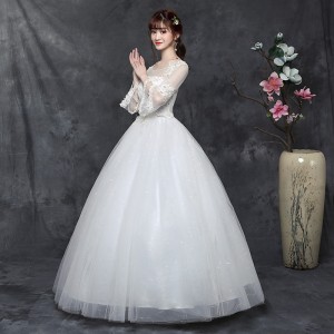 Large size wedding dress, fat 2024 new style, one shoulder, mid sleeves, Korean style bride's wedding dress, neat size, slimming effect, autumn and winter diamonds