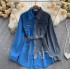 Cowboy patchwork lapel dress 2022 autumn and winter new Korean version waist cinching slimming irregular mid length shirt