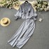 French style high-end round neck lantern long sleeved waist shirt+high waist slimming casual wide leg pants two-piece set